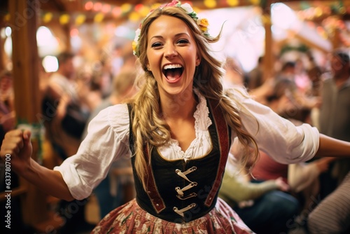 dynamic beautiful laughing Caucasian woman dancing and cheering at Oktoberfest pub party wearing traditional Bavarian costume outfit