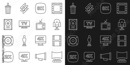 Set line Cinema auditorium with screen, Play video, Director movie chair, 8k Ultra HD, Smart Tv, CD disk award frame, Paper glass water and Retro tv icon. Vector