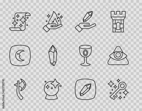 Set line Wooden axe, Old magic key, Magic stone, ball, scroll, and All-seeing eye of God icon. Vector