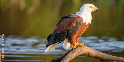 An African fish eagle perches on a branch overlooking - Generative AI