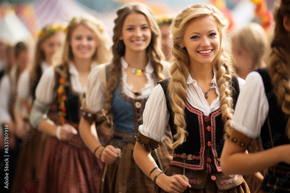 fictional beautiful smiling Caucasian woman in traditional Bavarian costume outfits at Oktoberfest beer festival looking at the camera fictional beautiful smiling Caucasian woman in traditional Bavarian costume outfits at Oktoberfest beer festival looking at the camera