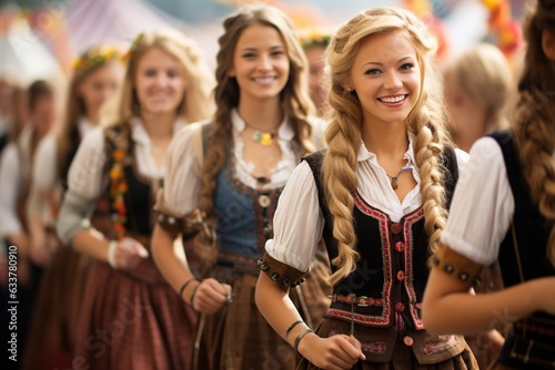 fictional beautiful smiling Caucasian woman in traditional Bavarian costume outfits at Oktoberfest beer festival looking at the camera