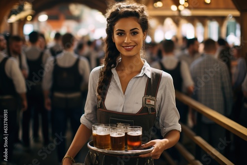 beautiful smiling Caucasian waitress woman in traditional Bavarian costume outfit, carrying many beers at Oktoberfest - festival tent background