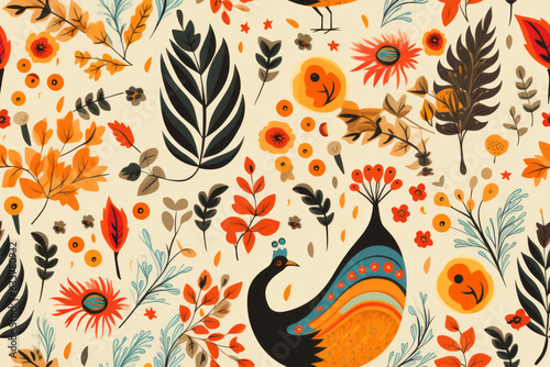Seamless pattern with thanksgiving turkey bird and autumn leaves and berries. Holiday concept