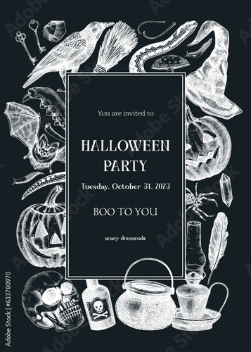 Halloween party invitation design template. Halloween pumpkins, sculls, poisonous mushrooms, bat, raven, snake sketches. Chalkboard background. Hand drawn vector illustration. Banner, card, wreath