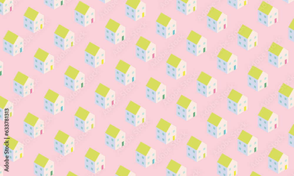  illustration pastel green roof and 5windows house pattern on pink back