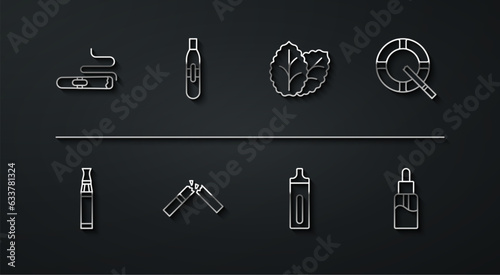 Set line Cigar, Electronic cigarette, Ashtray with, Broken, Vape liquid bottle and Tobacco leaf icon. Vector