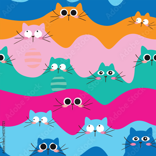 Fototapeta Naklejka Na Ścianę i Meble -  Seamless pattern wave with cat.  Colorful background for kids, textile, fabric, clothes, wrapping paper, socks, and other design.