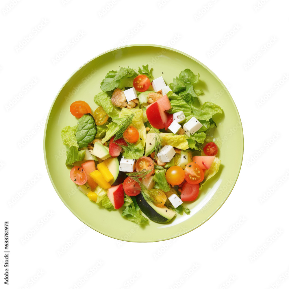 Vegetarian salad on transparent background with white plate