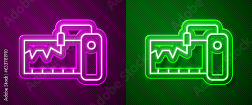 Glowing neon line Electrical measuring instrument icon isolated on purple and green background. Analog devices. Measuring device laboratory research. Vector