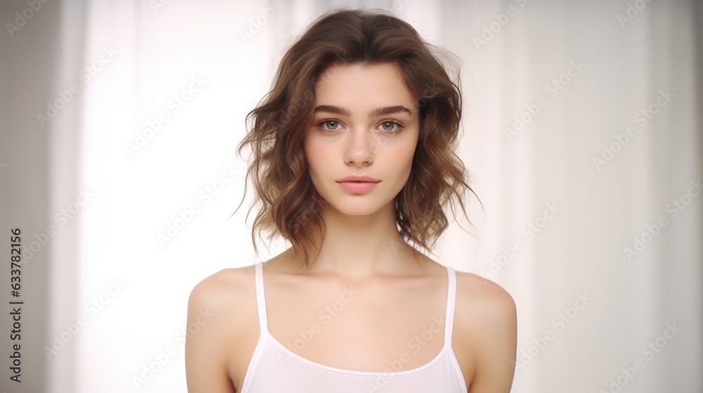 Close up portrait of young pretty brunette lady with and tender glance looking on camera. Non-existent person. Generative Ai Close up portrait of young pretty brunette lady with and tender glance looking on camera. Non-existent person. Generative Ai