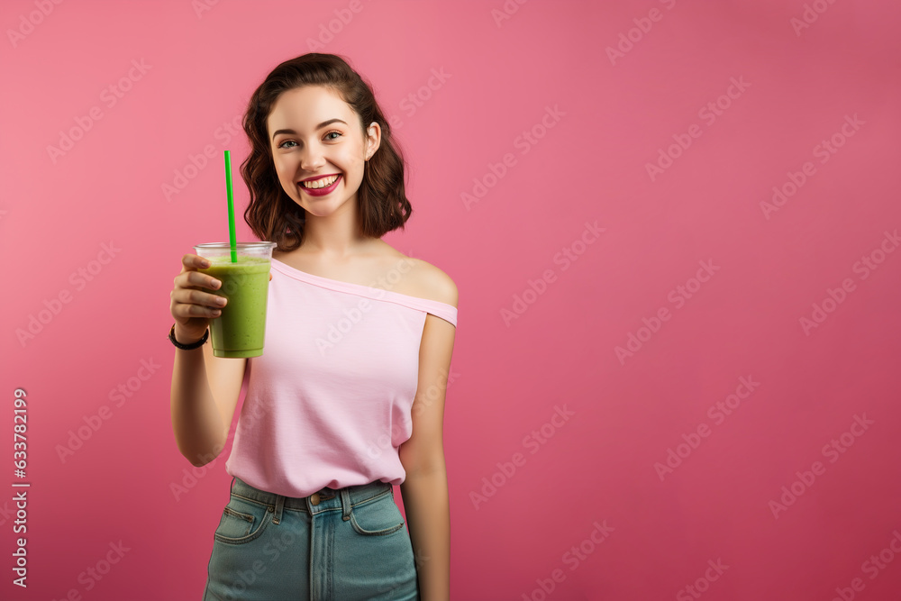 Smiling Brunette with Green Smoothie