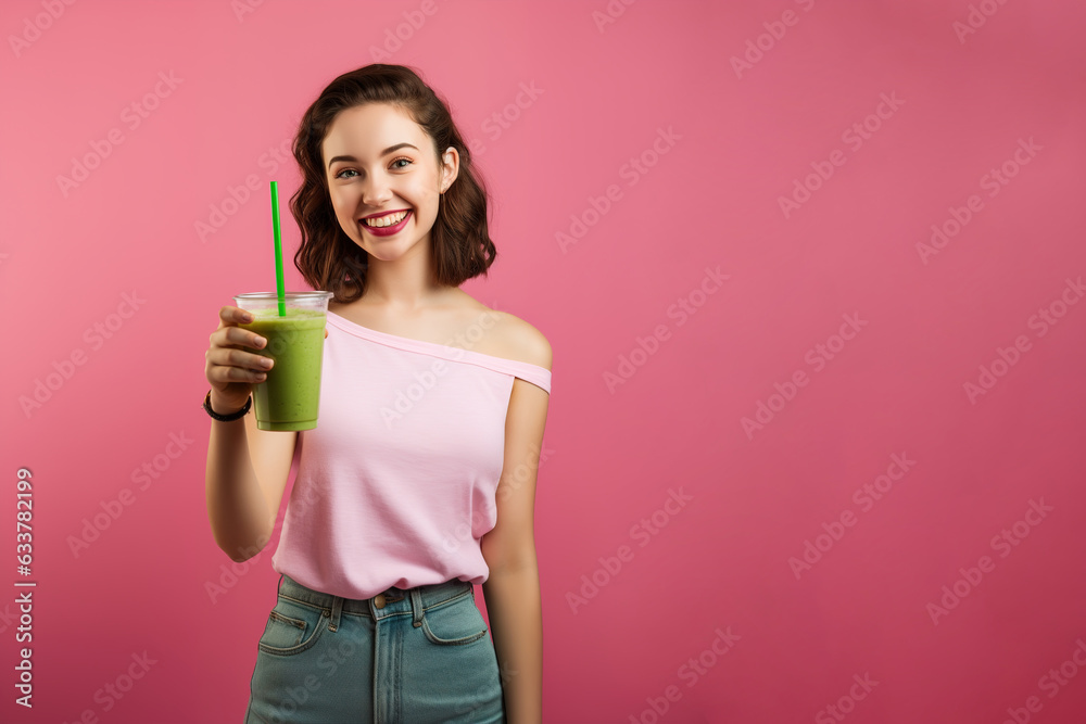 Smiling Brunette with Green Smoothie Smiling Brunette with Green Smoothie