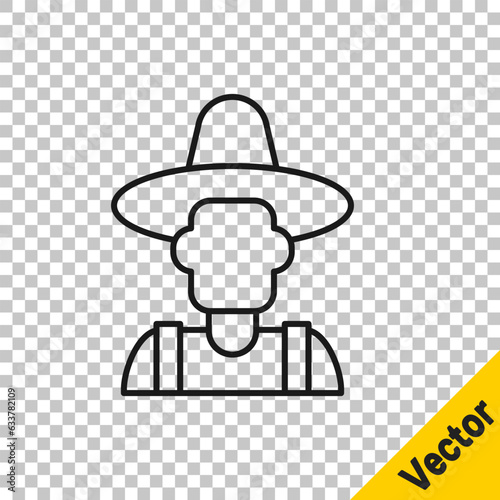 Black line Farmer in the hat icon isolated on transparent background. Vector