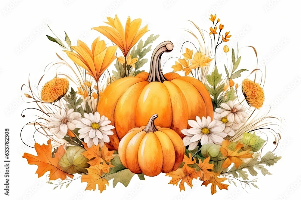 Naklejka premium A colorful pumpkin painting surrounded by vibrant flowers