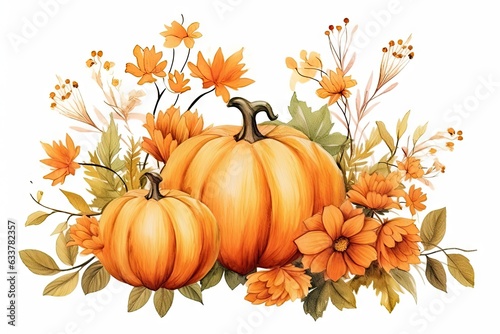 A still life painting featuring a pumpkin and flowers on a pristine white backdrop