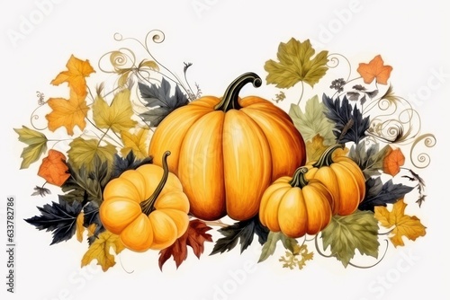 Pumpkins and leaves painting on a white background