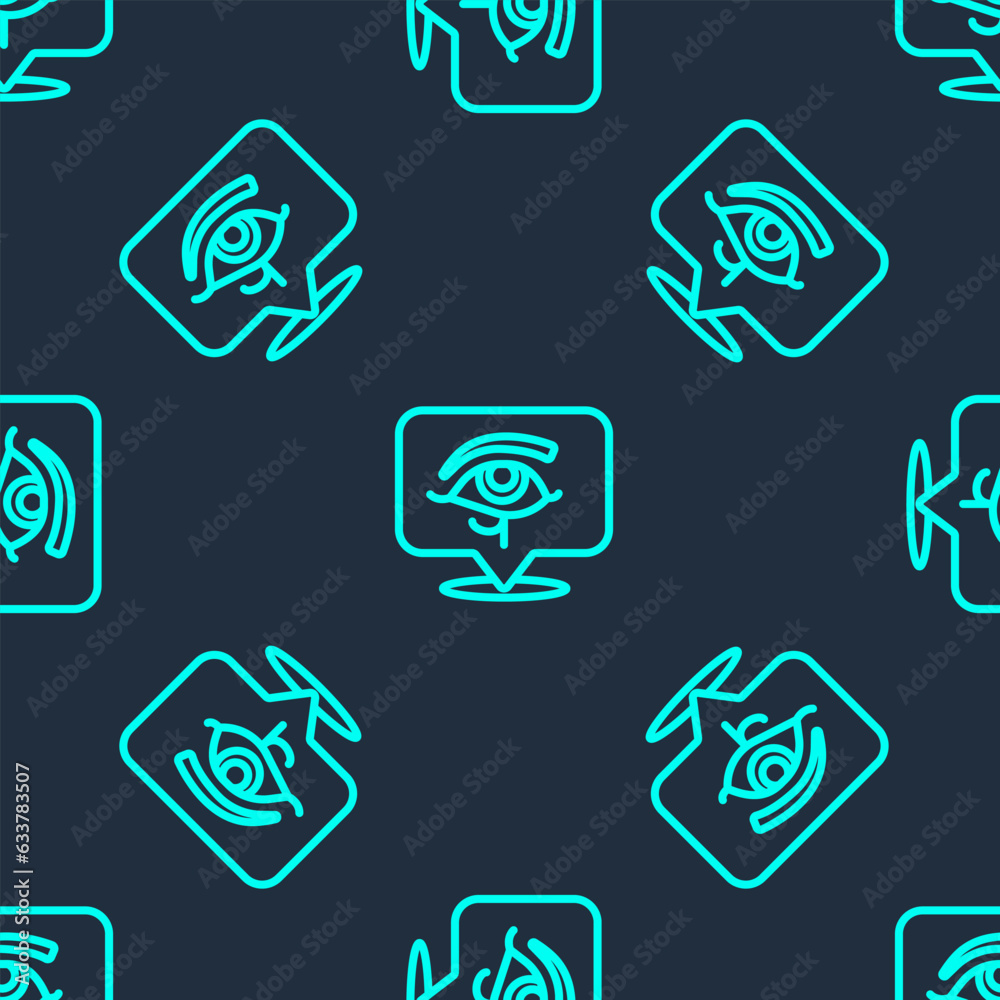 Green line Eye of Horus icon isolated seamless pattern on blue background. Ancient Egyptian goddess Wedjet symbol of protection, royal power and good health. Vector Green line Eye of Horus icon isolated seamless pattern on blue background. Ancient Egyptian goddess Wedjet symbol of protection, royal power and good health. Vector