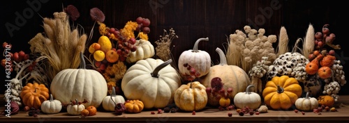 A festive table filled with a vibrant assortment of pumpkins