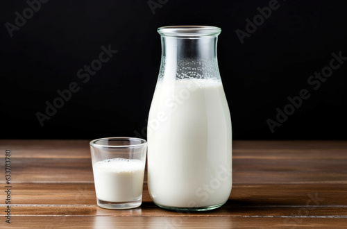 Milk in a glass bottle and a glass on a wooden table.Healthy vegan milk concept.
Plant based milk concept.
Lactose free,organic healthy milk concept.