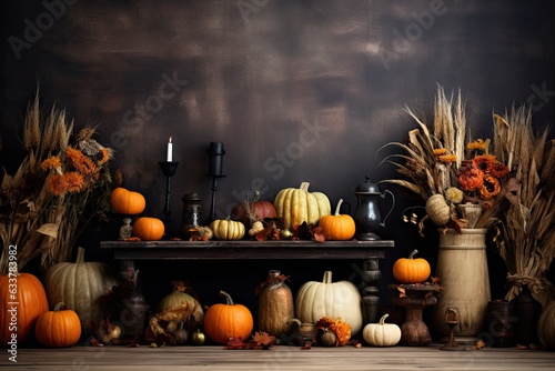 A bountiful harvest table adorned with pumpkins and gourds in various shapes, sizes, and vibrant colors photo