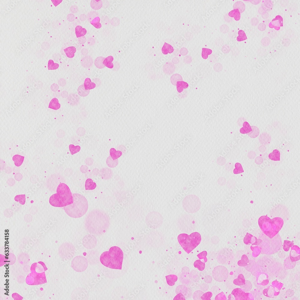 A romantic and sweet watercolor background with pink hearts. The image has a white background and a textured surface. The image also has pink hearts of different sizes and shades. 