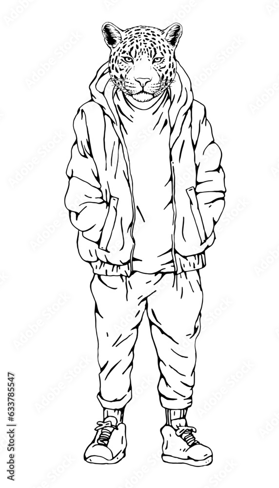 Portrait of Leopard dressed in a jacket and trousers. Hand-drawn illustration. Vector Portrait of Leopard dressed in a jacket and trousers. Hand-drawn illustration. Vector
