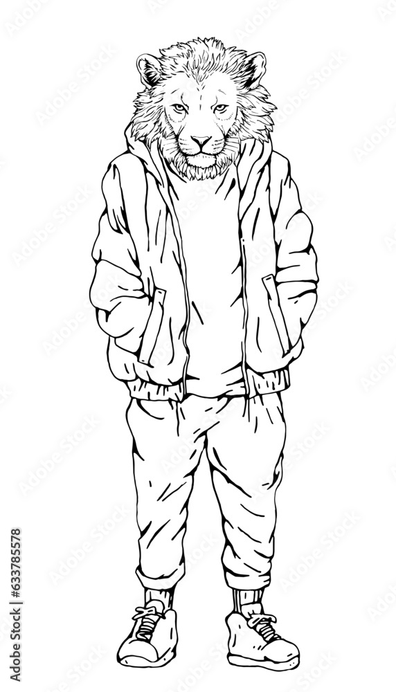Portrait of Lion dressed in a jacket and trousers. Hand-drawn illustration. Vector Portrait of Lion dressed in a jacket and trousers. Hand-drawn illustration. Vector
