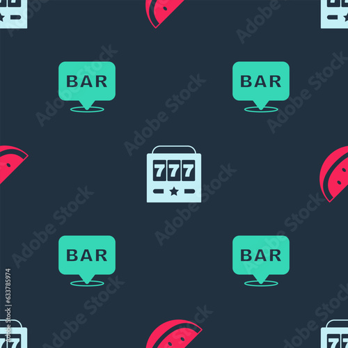Set Casino slot machine with watermelon, Slot jackpot and Alcohol bar location on seamless pattern. Vector