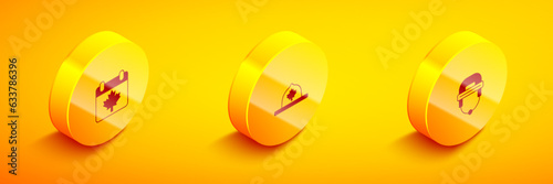 Set Isometric Canada day with maple leaf, Canadian ranger hat and Hockey helmet icon. Vector