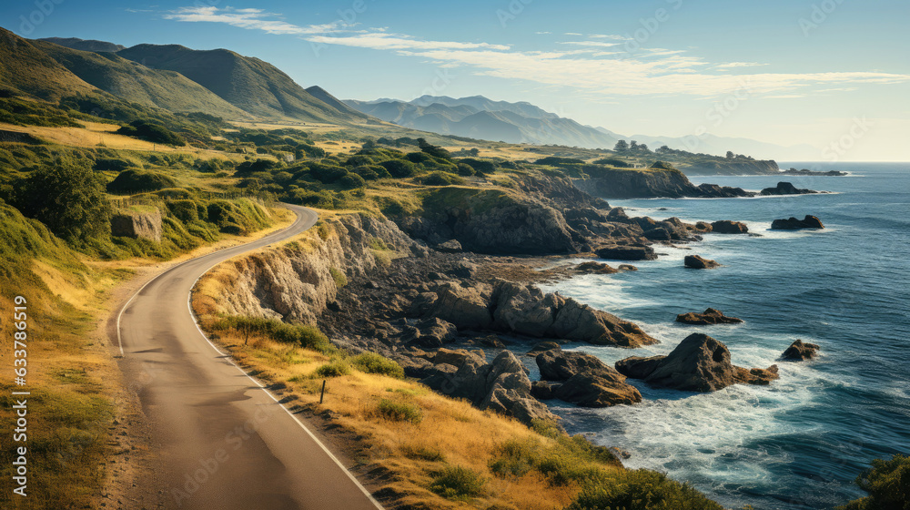 An empty road hugging the coastline, offering unobstructed views of the vast sea with its gentle waves and the horizon blending seamlessly with the sky. Generative AI An empty road hugging the coastline, offering unobstructed views of the vast sea with its gentle waves and the horizon blending seamlessly with the sky. Generative AI