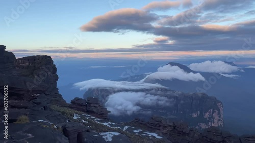 Panorama from top of Tepuy Mount Roraima stunning views of plateau and table-top mountains in clouds, Venezuela, Canaima National Park, South America