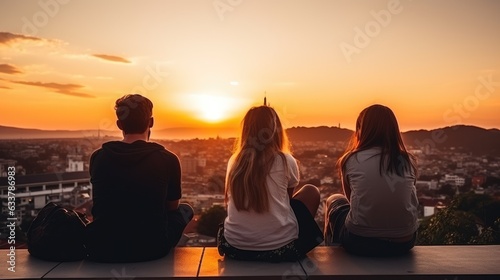 Rear view of young friends sitting together on rooftop at sunset. Generative AI