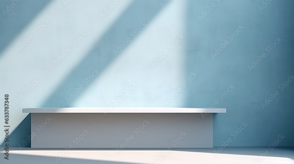 Minimal abstract shelf on a blue interior for product presentation, shelf with sunlight from the window - room corner with a shelf