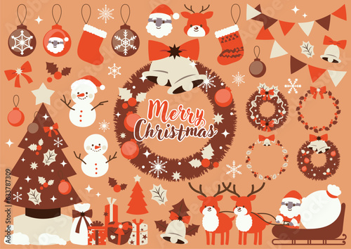 レトロなクリスマスのイラスト素材セット　サンタクロースやクリスマスリースや雪だるま