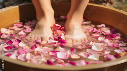 Foot bath in bowl with flower petals - feet in spa salon - luxury pedicure concept