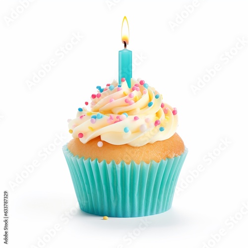 First Birthday cupcake with light candle isolated on white
