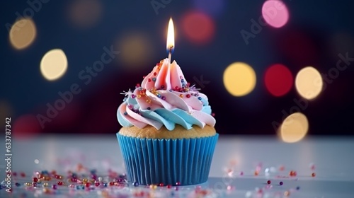 Cupcake with a lighted birthday candle on wooden background  extra wide.