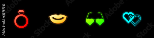 Set Wedding rings, Smiling lips, Heart shaped love glasses and Two Linked Hearts icon. Vector