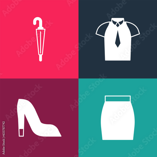 Set pop art Skirt  Woman shoe  Shirt and Umbrella icon. Vector