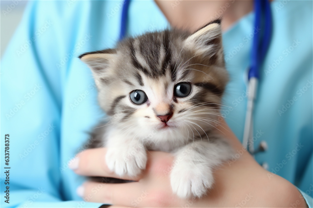Veterinarian holding a kitten. Pet care and treatment concept. Kind vet doctor holding a cat in their hands Veterinarian holding a kitten. Pet care and treatment concept. Kind vet doctor holding a cat in their hands