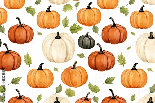 Pumpkins and leaves pattern on a white background