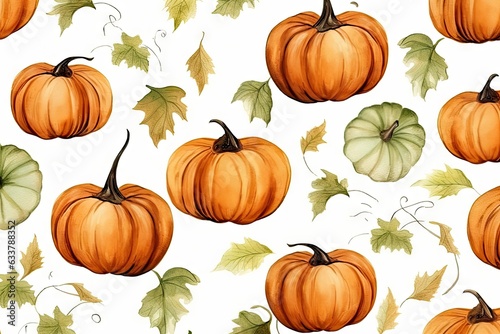 Pumpkins and leaves on a white background