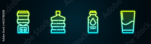 Set line Water cooler, Big bottle with clean water, Bottle of and Glass. Glowing neon icon. Vector