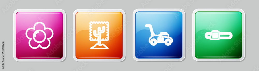 Set line Flower, Tree, Lawn mower and Chainsaw. Colorful square button. Vector Set line Flower, Tree, Lawn mower and Chainsaw. Colorful square button. Vector