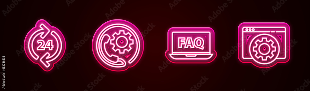 Set line Telephone 24 hours support, , Laptop and FAQ and Browser setting. Glowing neon icon. Vector Set line Telephone 24 hours support, , Laptop and FAQ and Browser setting. Glowing neon icon. Vector
