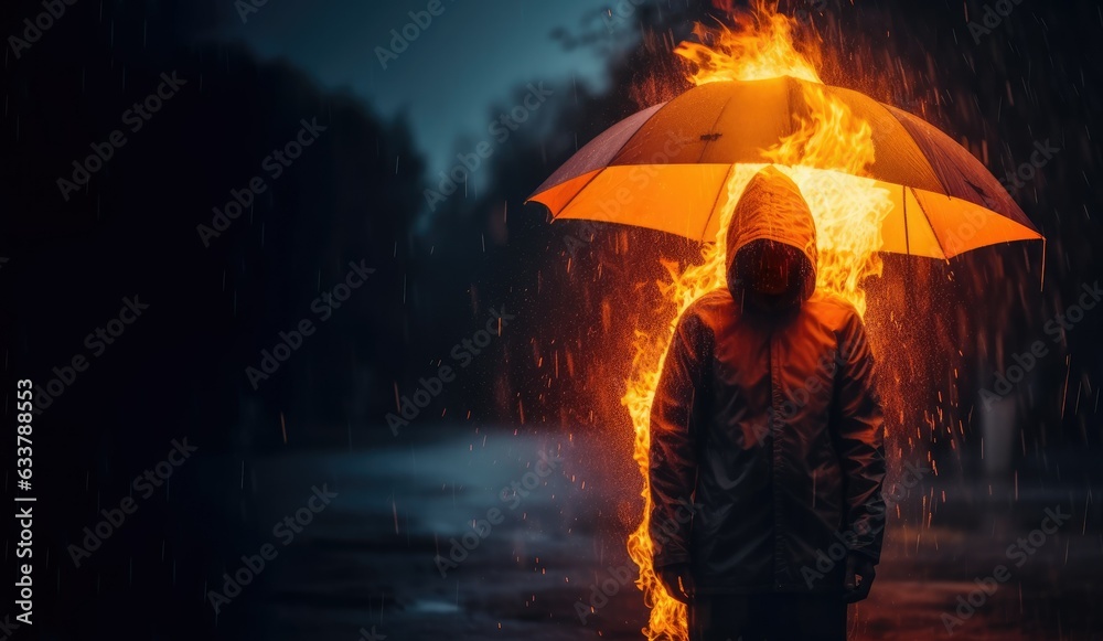 Bipolar disorder, mental health problems. A man with an umbrella burns blazing in the fire stands in the rain