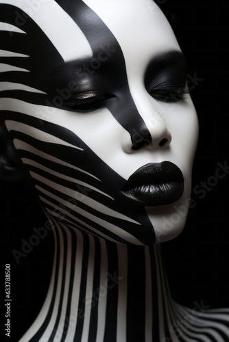 Photo of a woman with black and white striped face paint created with Generative AI technology
