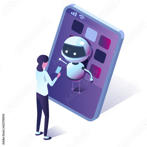 Vector isometric artificial intelligence robot shake hands with people at online