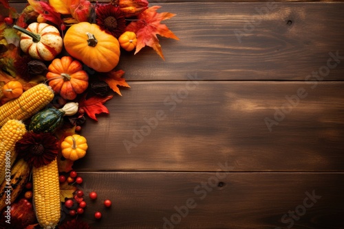 A rustic autumn centerpiece featuring a vase filled with corn and pumpkins on a wooden table